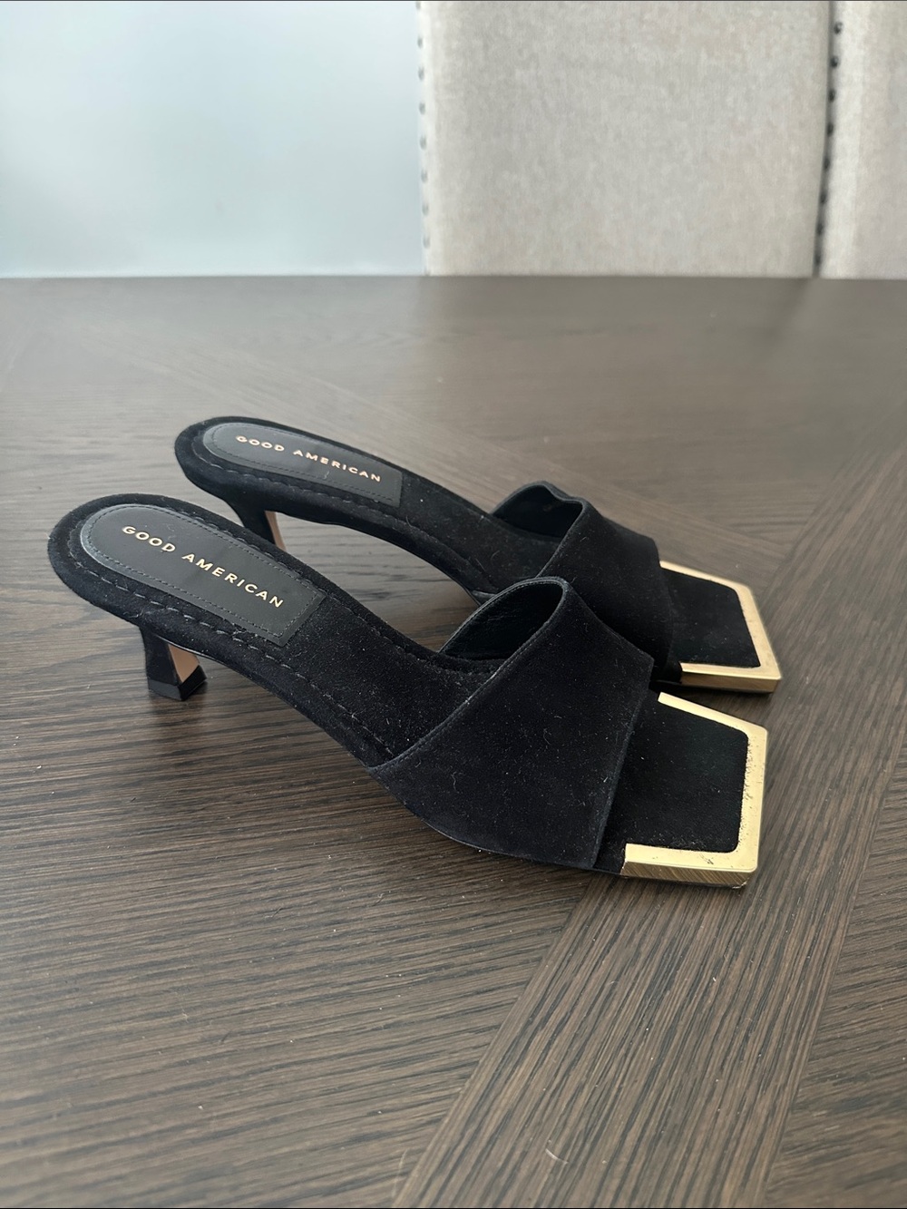 Good American Black Suede Open-Toe Mules with Gold Trim